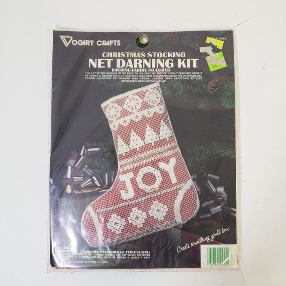 New Sealed Vintage Christmas Stocking Net Darning Kit JOY Red White 12.5"X14" - Picture 1 of 2